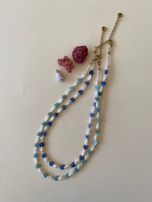 Collier Marine - Coeurs de pierre & perles d’eau douce