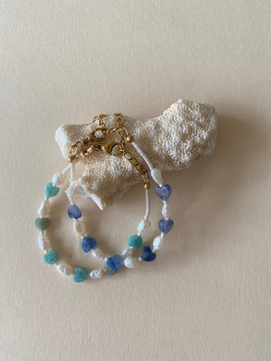 Bracelet Marine - cœurs de pierre & perles d’eau douce