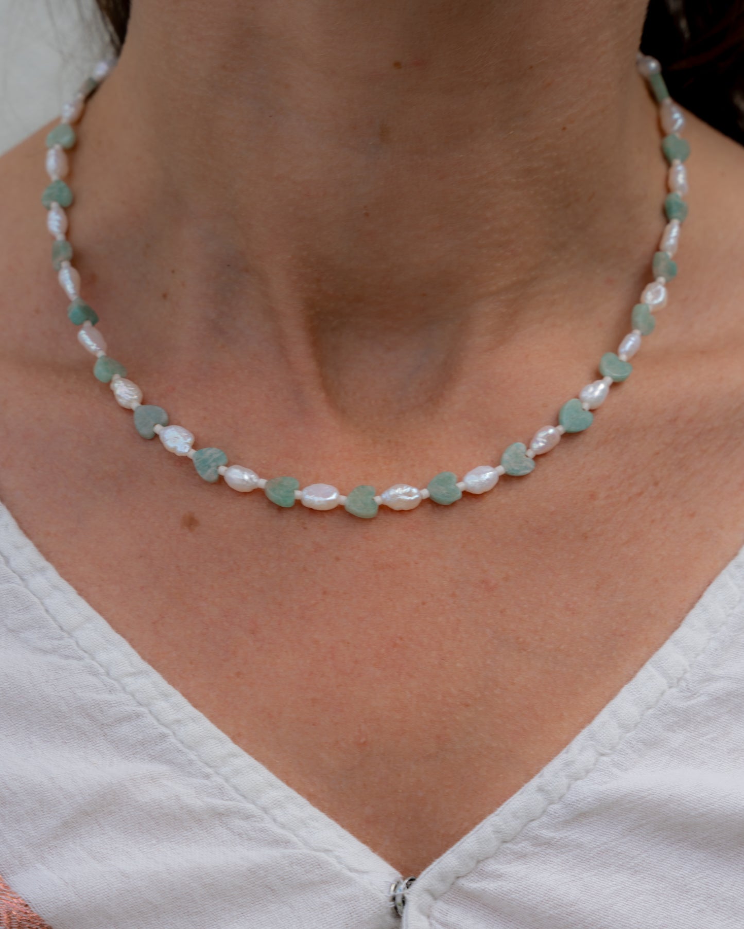 Collier Marine - Coeurs de pierre & perles d’eau douce