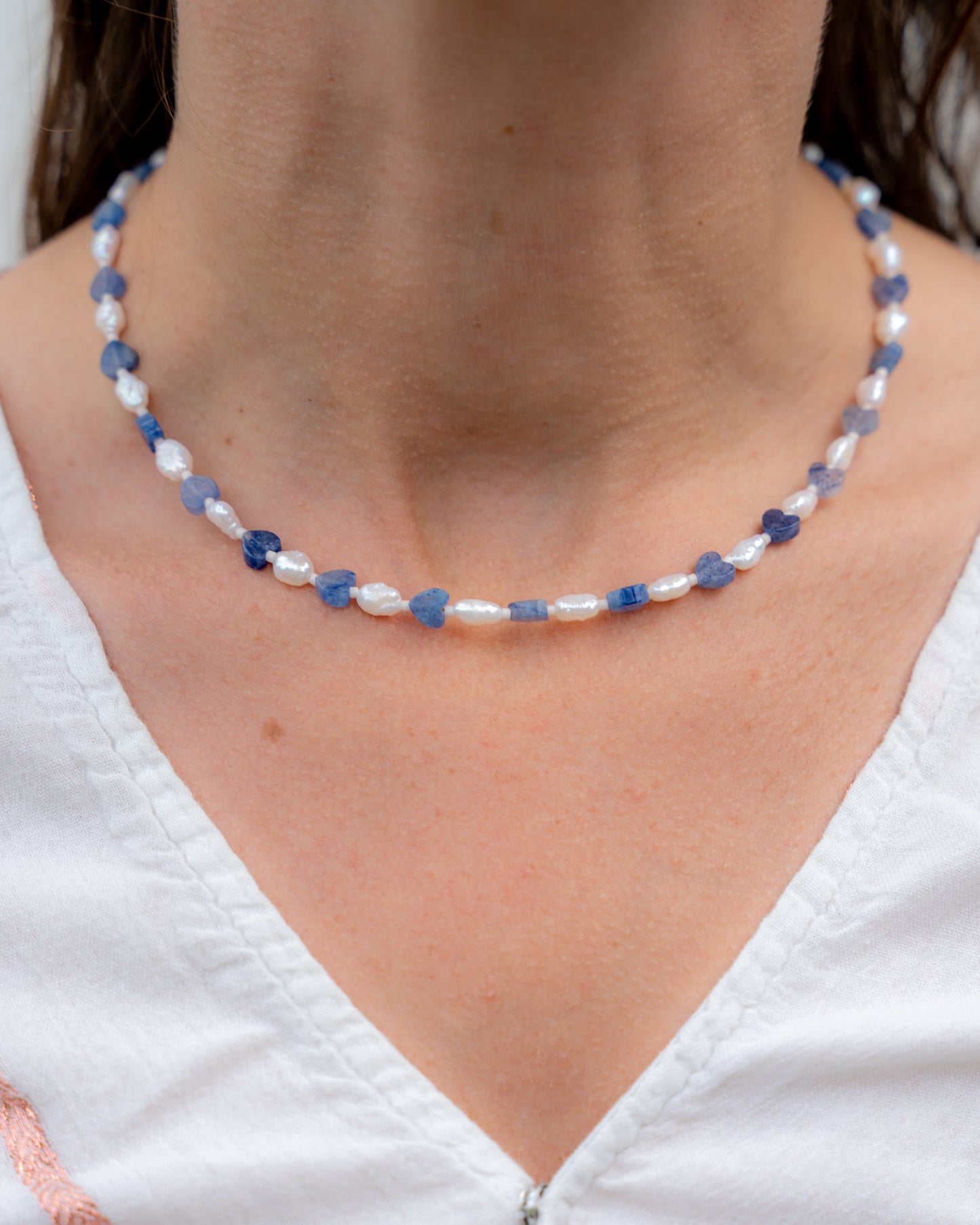 Collier Marine - Coeurs de pierre & perles d’eau douce